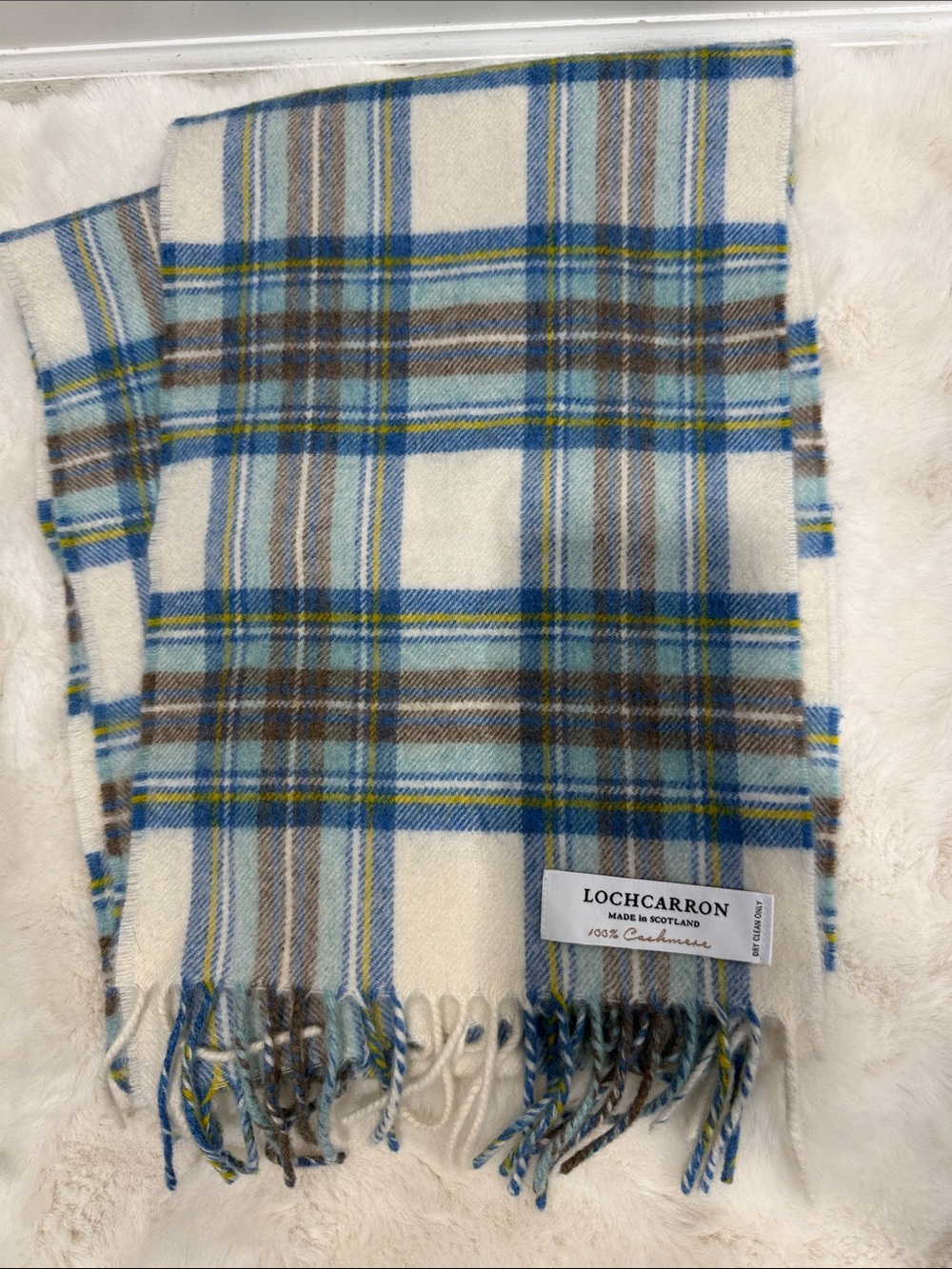 Lochcarron Cream & Blue Plaid Cashmere Scarf